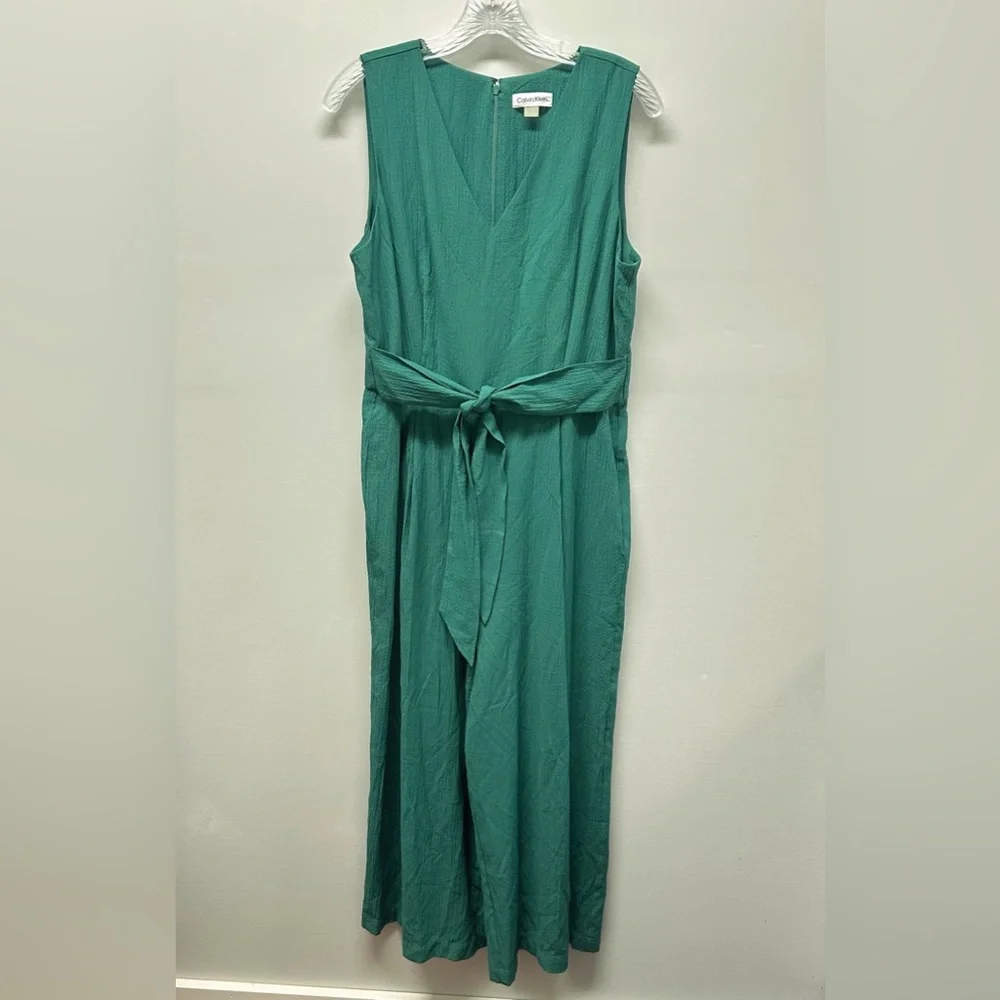 Calvin Klein Sleeveless Wide Leg Jumpsuit | Green, V-Neck, Tie belt, Crepe Sz 14 - Picture 3 of 16
